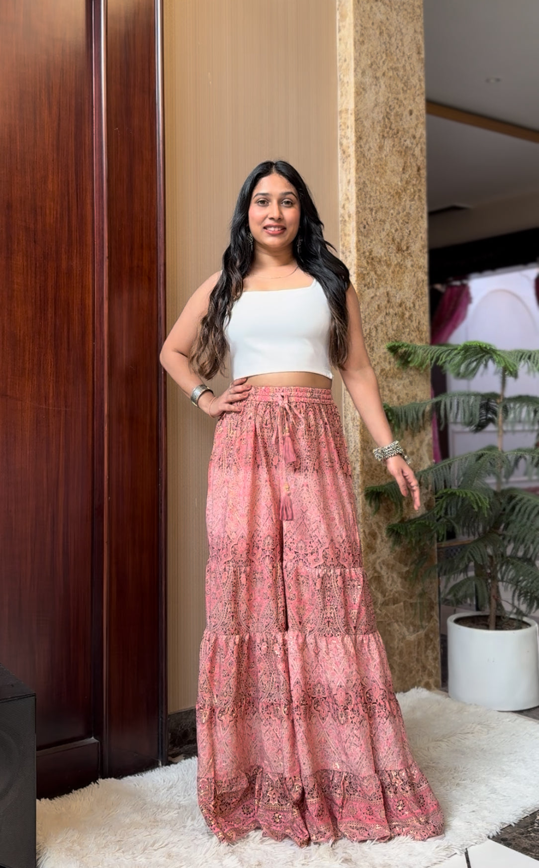 Ruffle Panel Boho Printed Palazzo - Peach