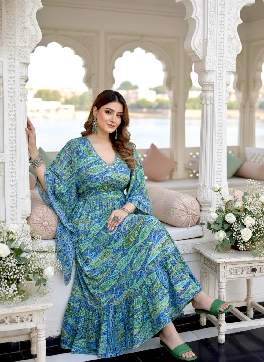 ⬆️Rising - Embroidery Neckline Boho Printed Maxi Dress