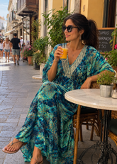 Boho Printed Butterfly Sleeves  maxi dress in Ocean Muse