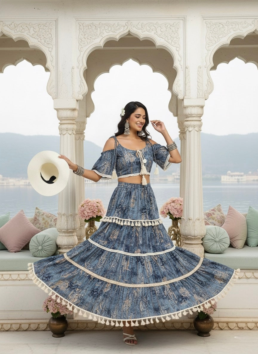 Printed Boho Two Peice Co-ord Set in Teal Blue