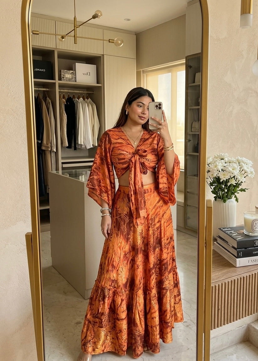 Wrap Top Boho Printed Co-ord Set in Burnt Sienna