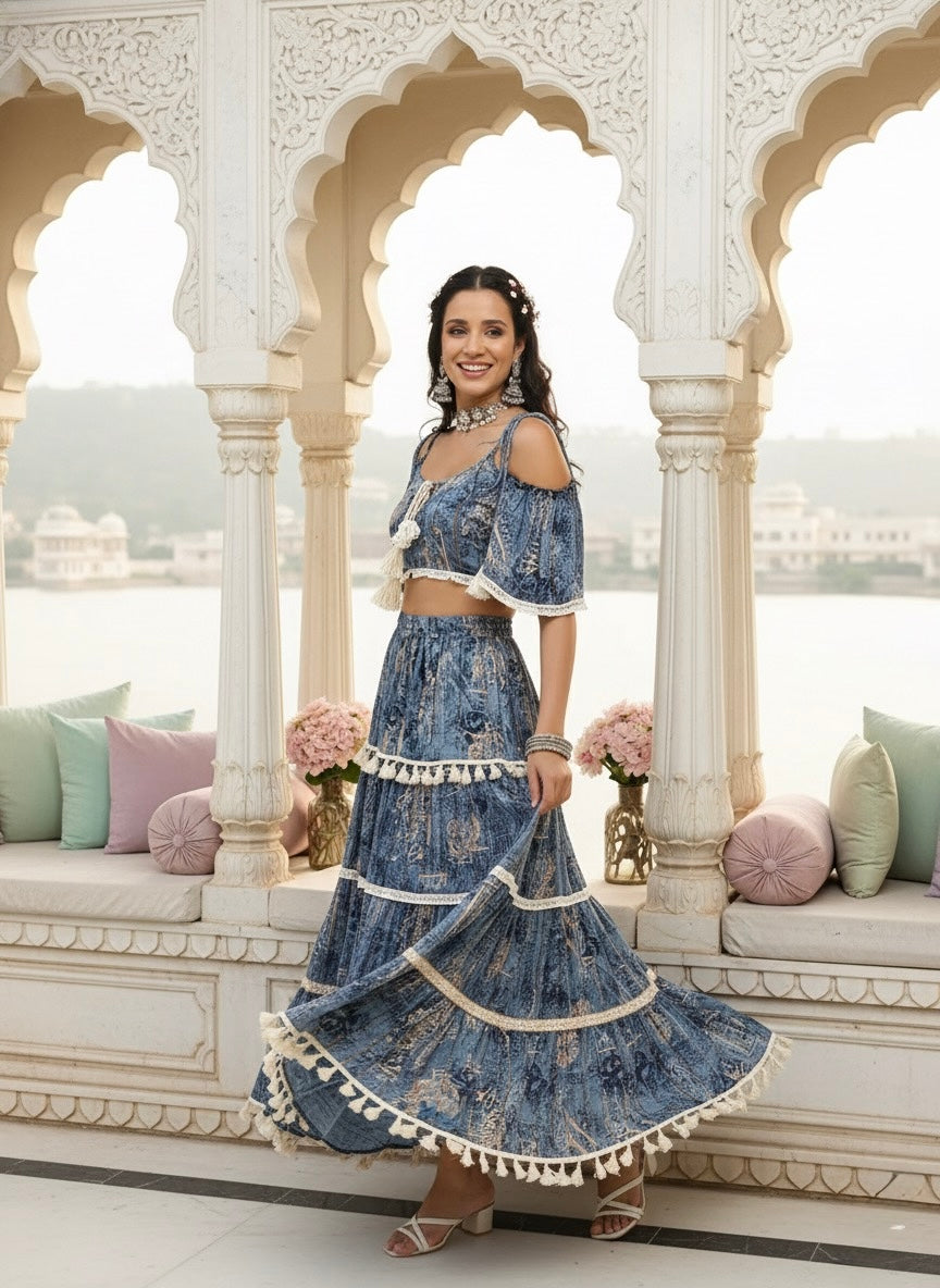 Printed Boho Two Peice Co-ord Set in Teal Blue