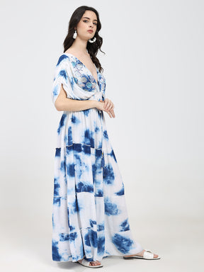 Balloon Pattern Embroidery Boho Printed Hand Work Maxi Dress -Sky High