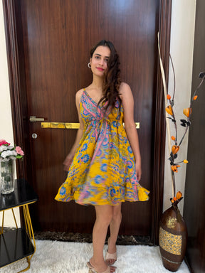 Frilled Flair Back Boho Printed Short Dress-Sunshine Yellow SmisingBee