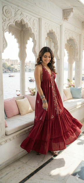 SmisingBee Tie Back Embroidered Maxi Dress