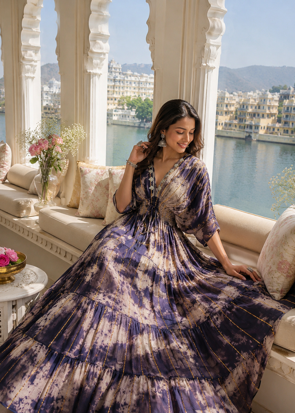 ⭐️Best Seller -Balloon Pattern Embroidery Boho Printed Hand Work Maxi Dress - Golden Twilight