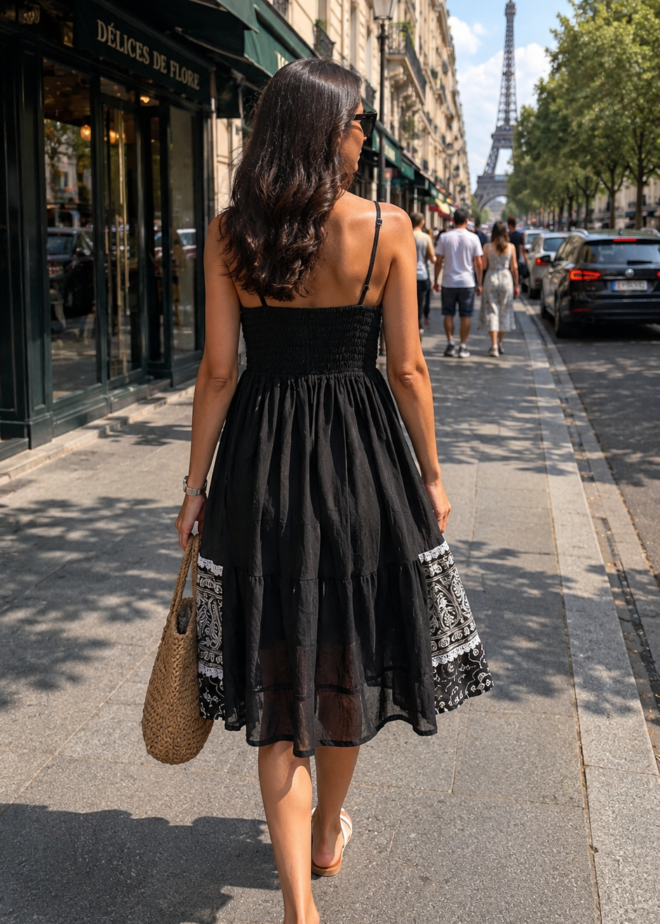 V Neck Embroidery  Work Boho Printed Short Maxi Dress- Midnight Muse 🖤