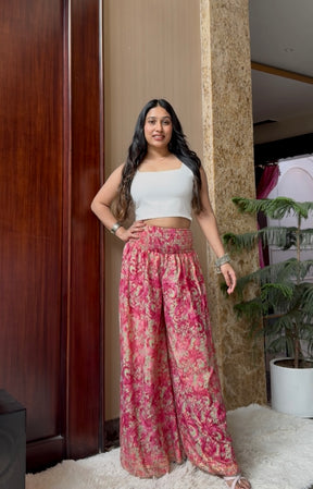 Ruched Belt Boho Printed Trouser - Pink Blush