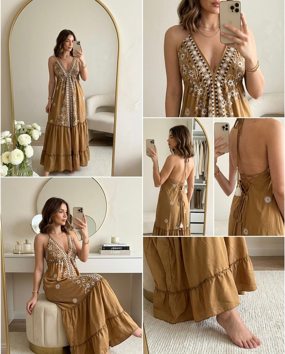 ⬆️Rising - Embroidery Work- Tie Back Backless Maxi Dress - Caramel Muse