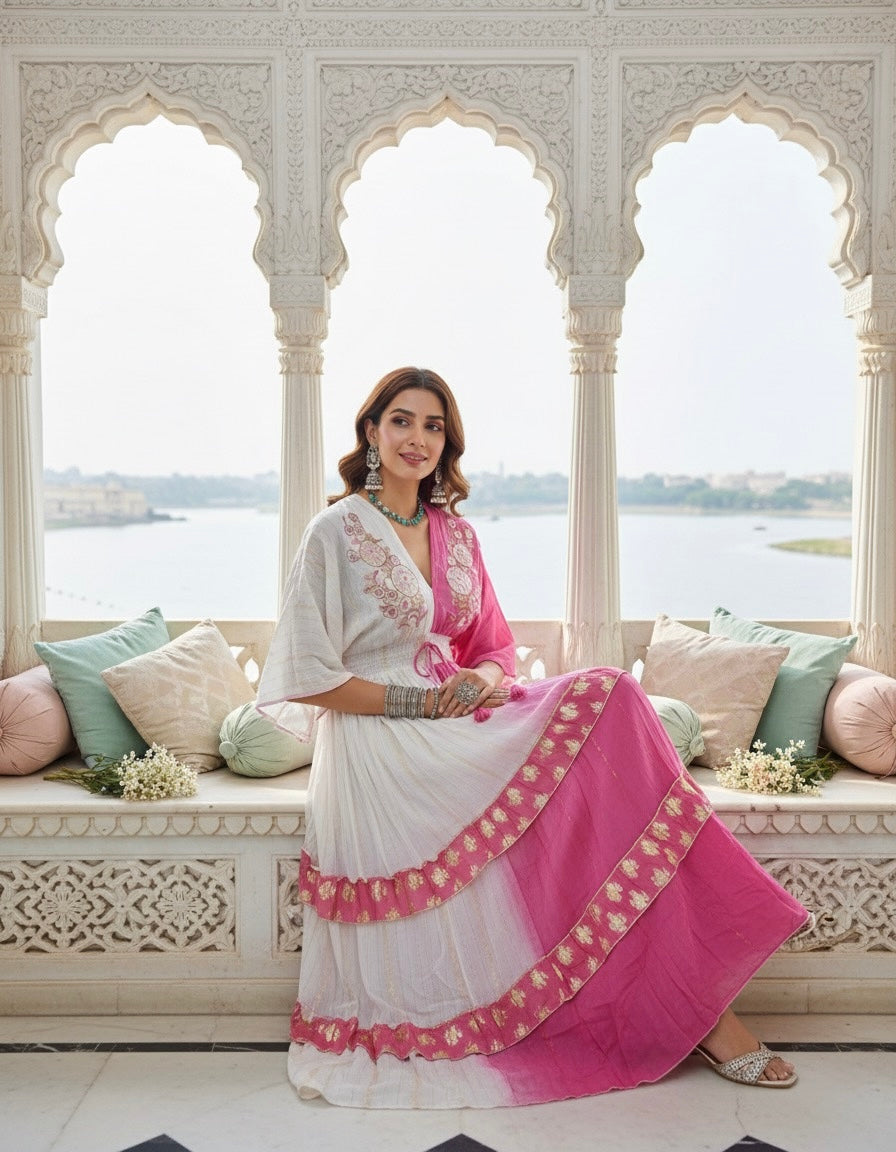 ⭐️Best Seller- Two Shade Hand Embroidered Kaftan Maxi Dress - Pink