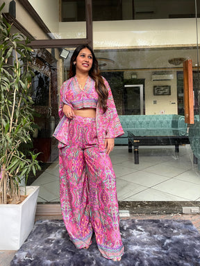 Boho Printed Bell Sleeves Kimono Coordinate Set - Rosy Blush