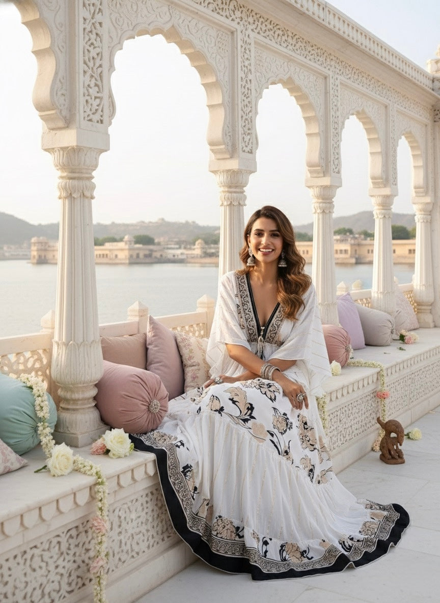 ⬆️Rising - Criss Cross Boho Printed Embroidered Hand Work Butterfly sleeves maxi dress in Whispering Fern