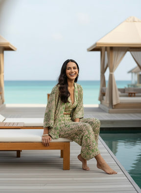 Boho Printed Bell Sleeves Kimono Coordinate Set - Mint Mirage