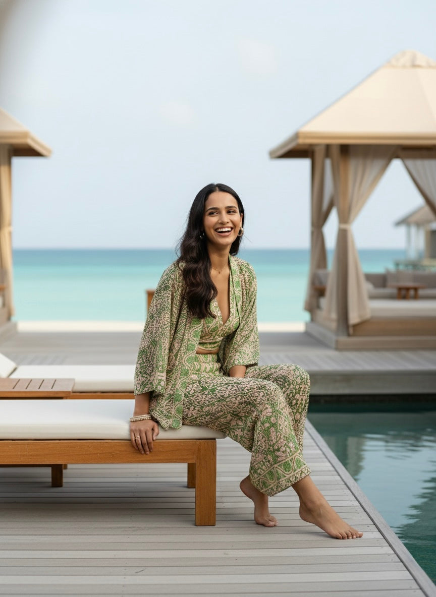 Boho Printed Bell Sleeves Kimono Coordinate Set - Mint Mirage