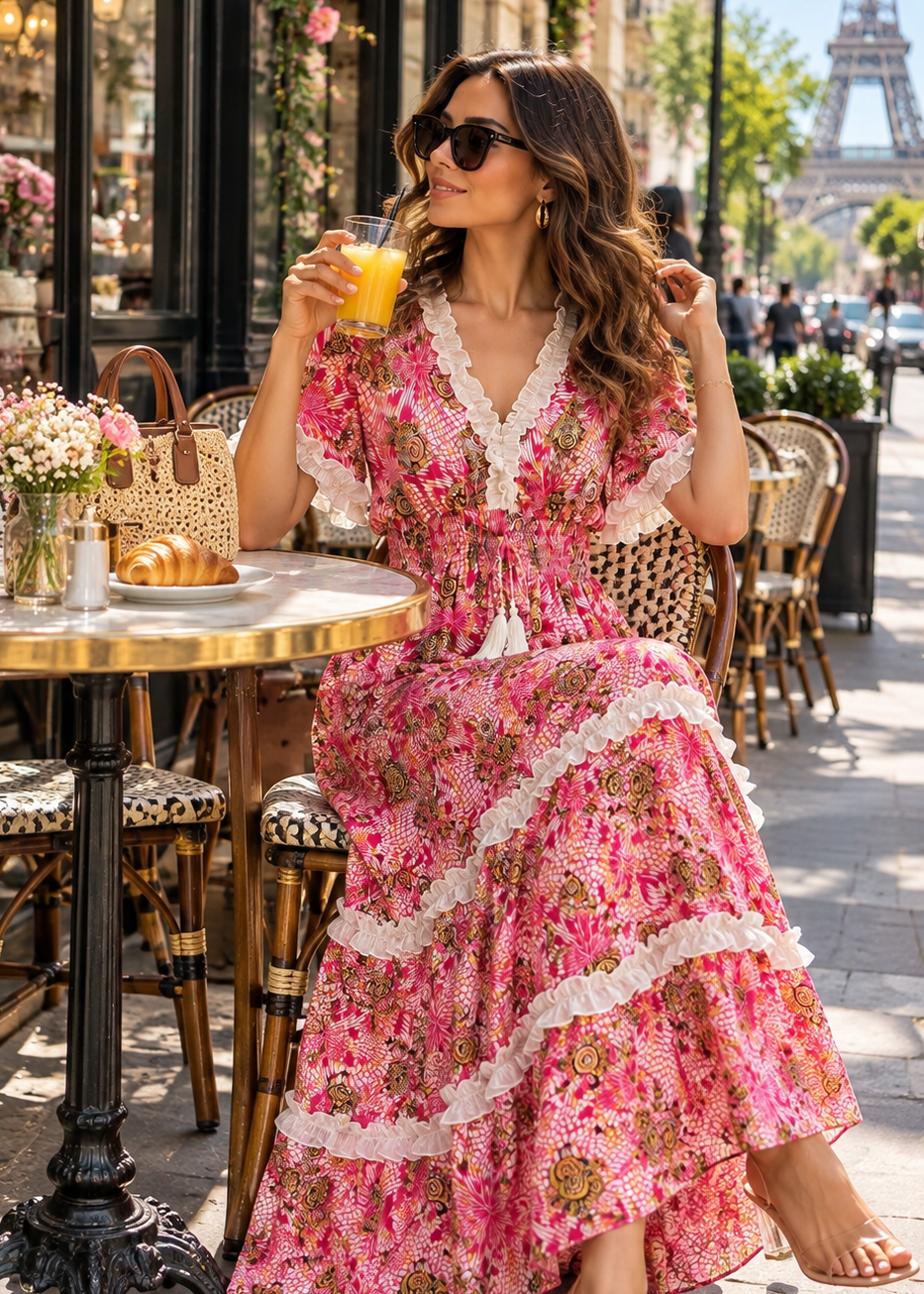 🌺Rayon Lurex Boho Printed Maxi Dress in Parisian Rośe Muse 🌷