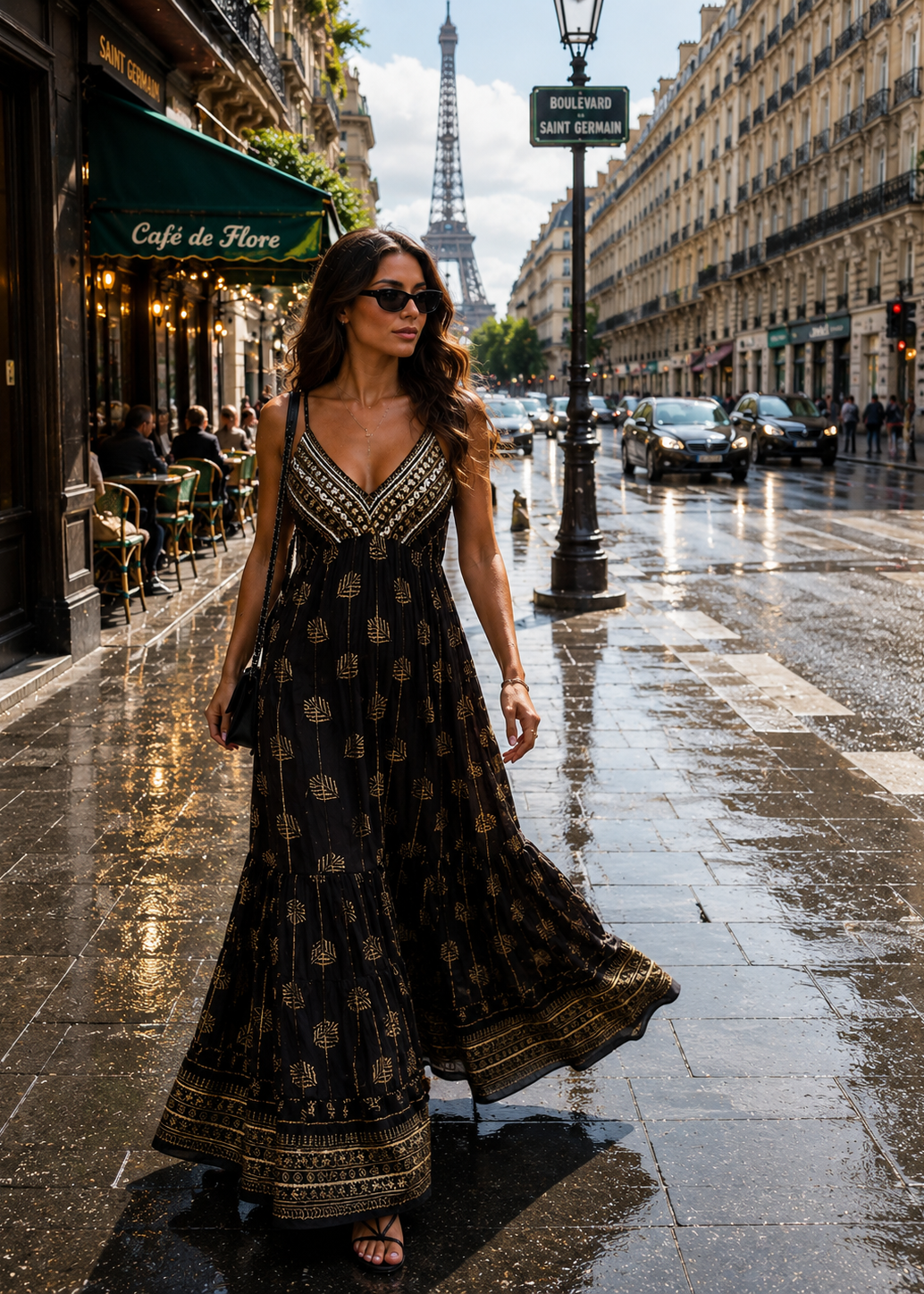 V Neck Embroidery Hand Work Boho Printed Maxi Dress- Black Fern Elegance