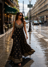 V Neck Embroidery Hand Work Boho Printed Maxi Dress- Black Fern Elegance