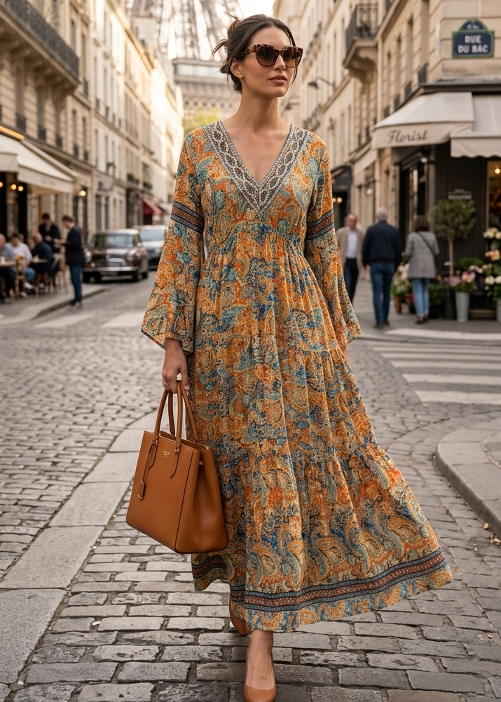 ⬆️Rising- Ruffle Sleeves Boho Maxi Dress- Sunset Paisley