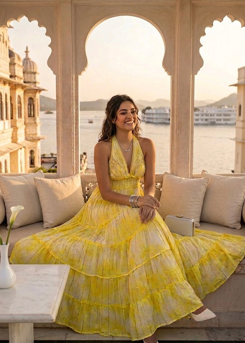 ⭐️Best Seller -Halter Neck Multi Panel Embroidery Hand Work Boho printed Maxi Dress in Lemon Glow