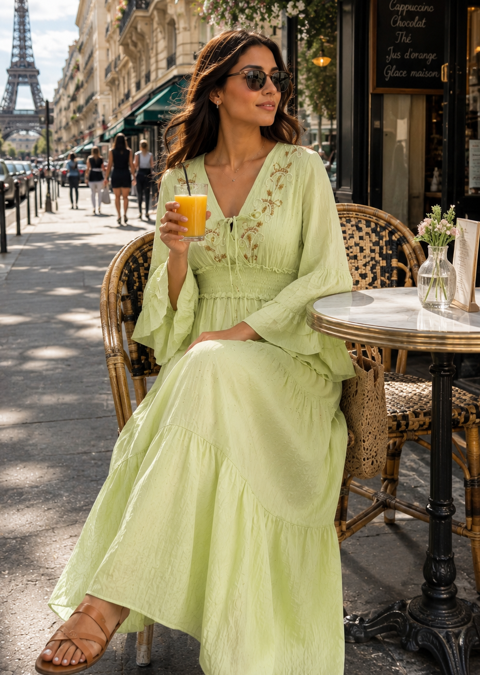 Embroidery Hand Work Bell Sleeves Maxi Dress - Lime Élan