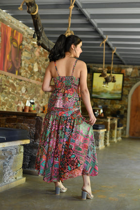 Multi Frill Side Slit Boho Printed Midi Dress - Multicolor