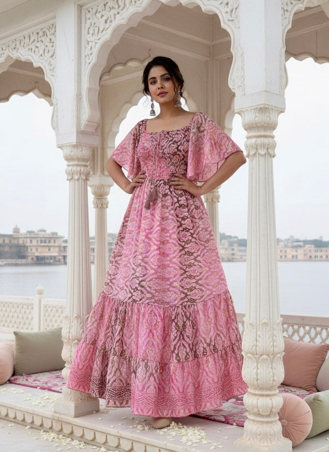 Elasticated Bust Boho Printed Maxi Dress - Pink