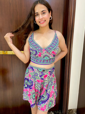 Puff Sleeves Kimono and Shorts Coordinate Set (3 Piece)- Pink