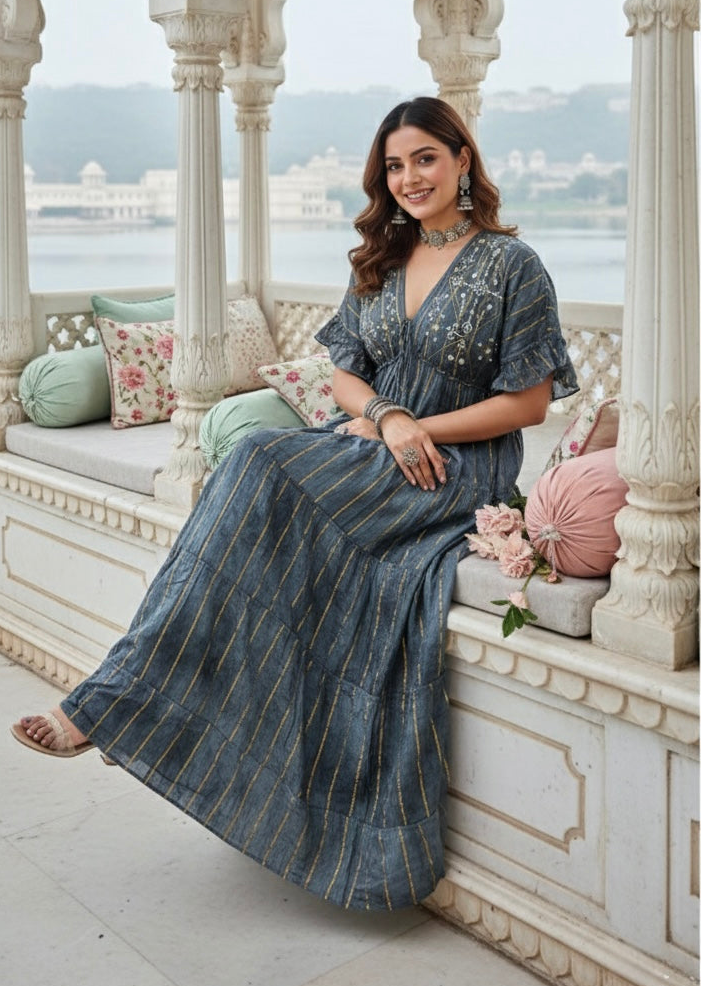 Hand Embroidered Kaftan Maxi Dress in Grey