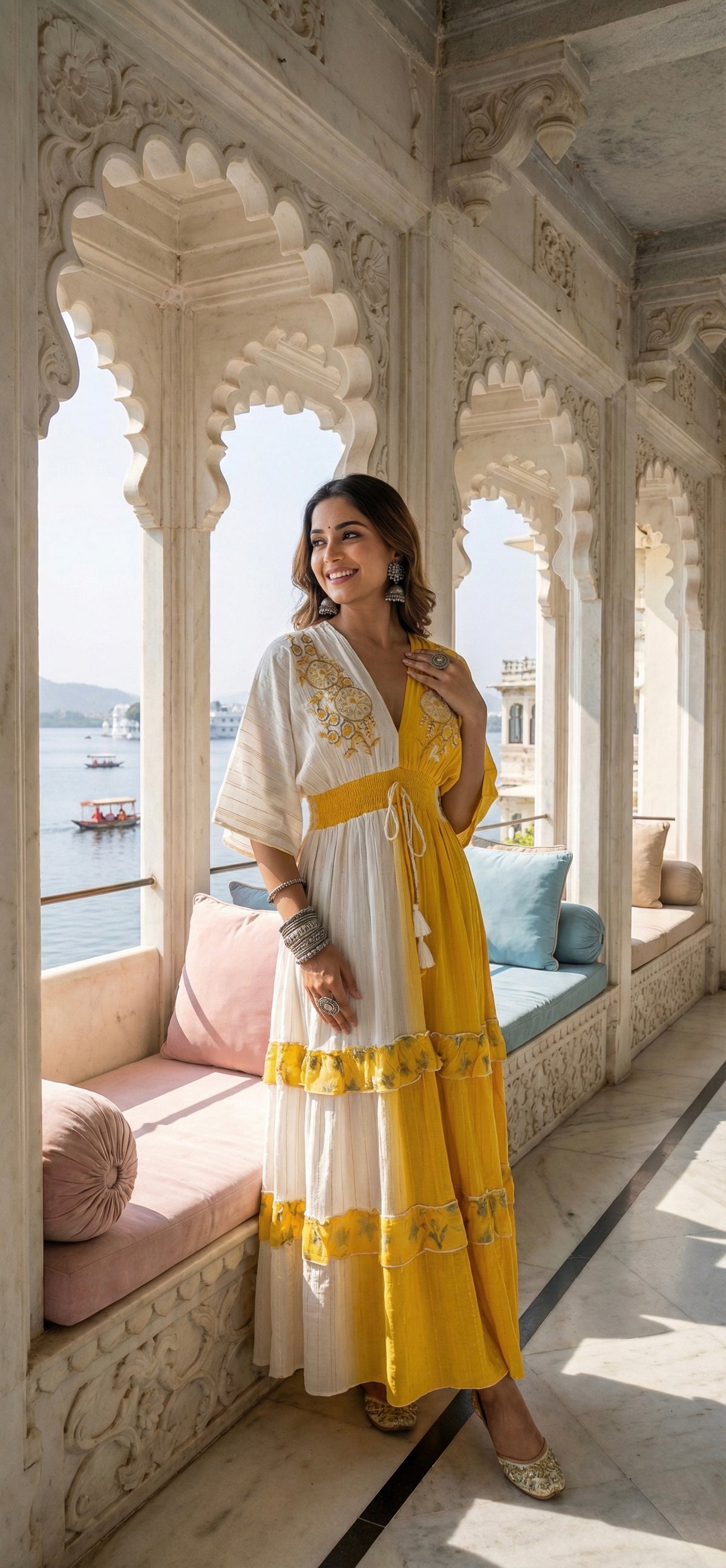 Two Shade Hand Embroidered Kaftan Maxi Dress - Yellow