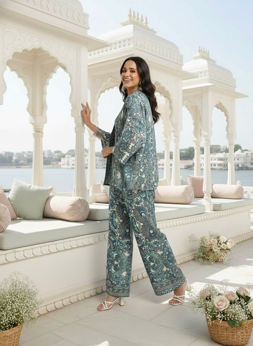 Boho Printed Bell Sleeves Kimono Coordinate Set - Teal Mirage