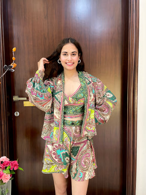 Puff Sleeves Kimono and Shorts Coordinate Set (3 Piece)- Green