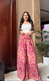 Ruched Belt Boho Printed Trouser - Pink Blush