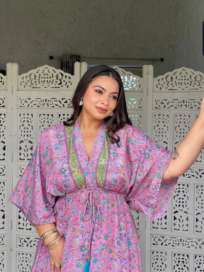 SmisingBee Curve Kaftan Pattern Boho Printed Maxi Dress - Pink Petal