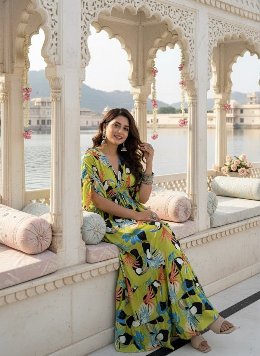 Balloon Pattern Boho Printed Maxi Dress - Vibrant Parrot Green