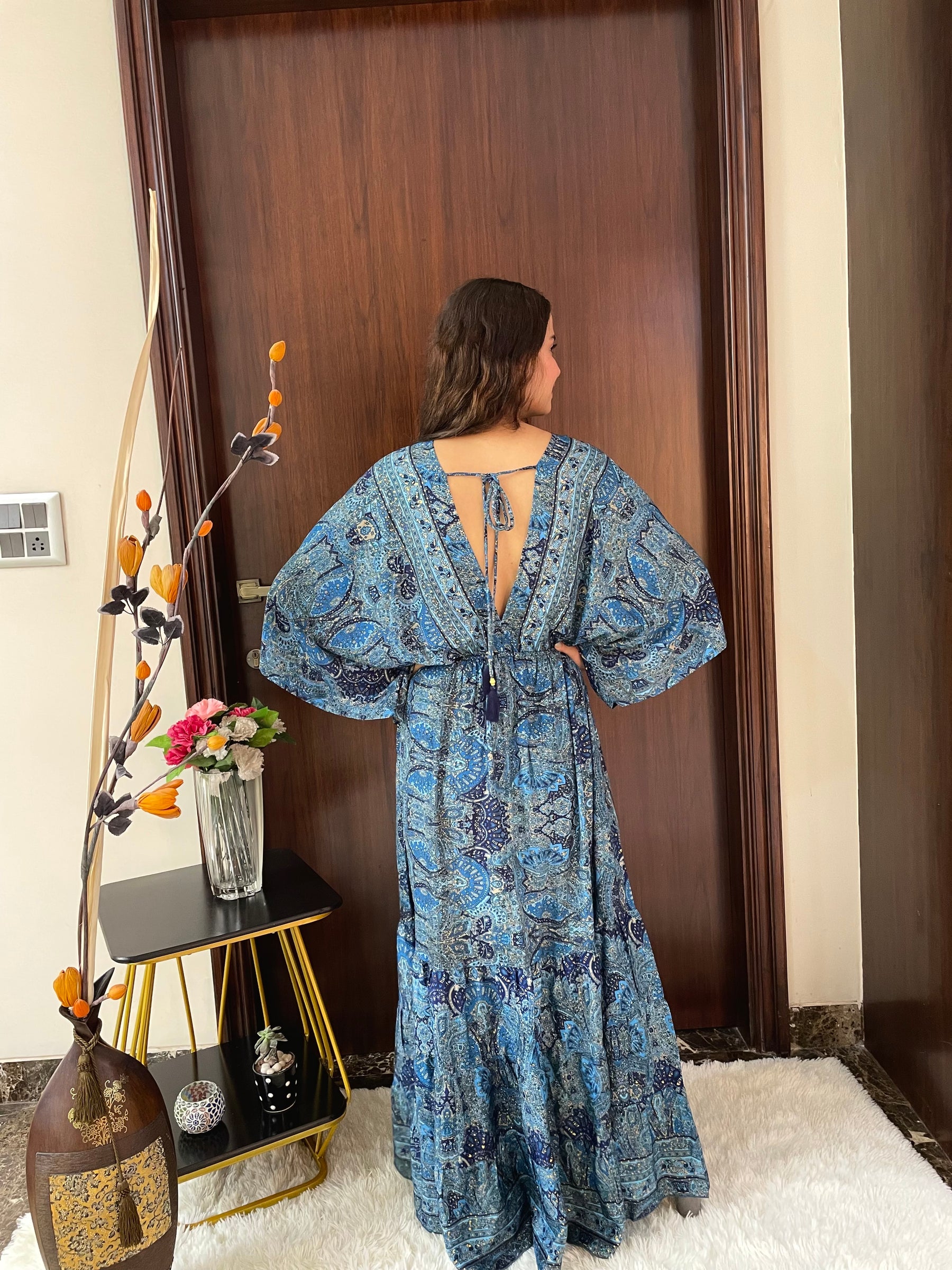 Kaftan pattern boho foil printed maxi dress - Blue