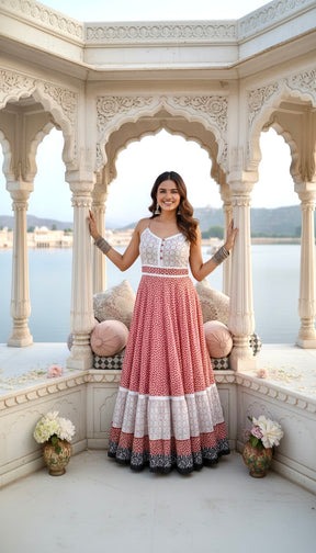 Peachy Petals Lace Featured Cotton Long Dress