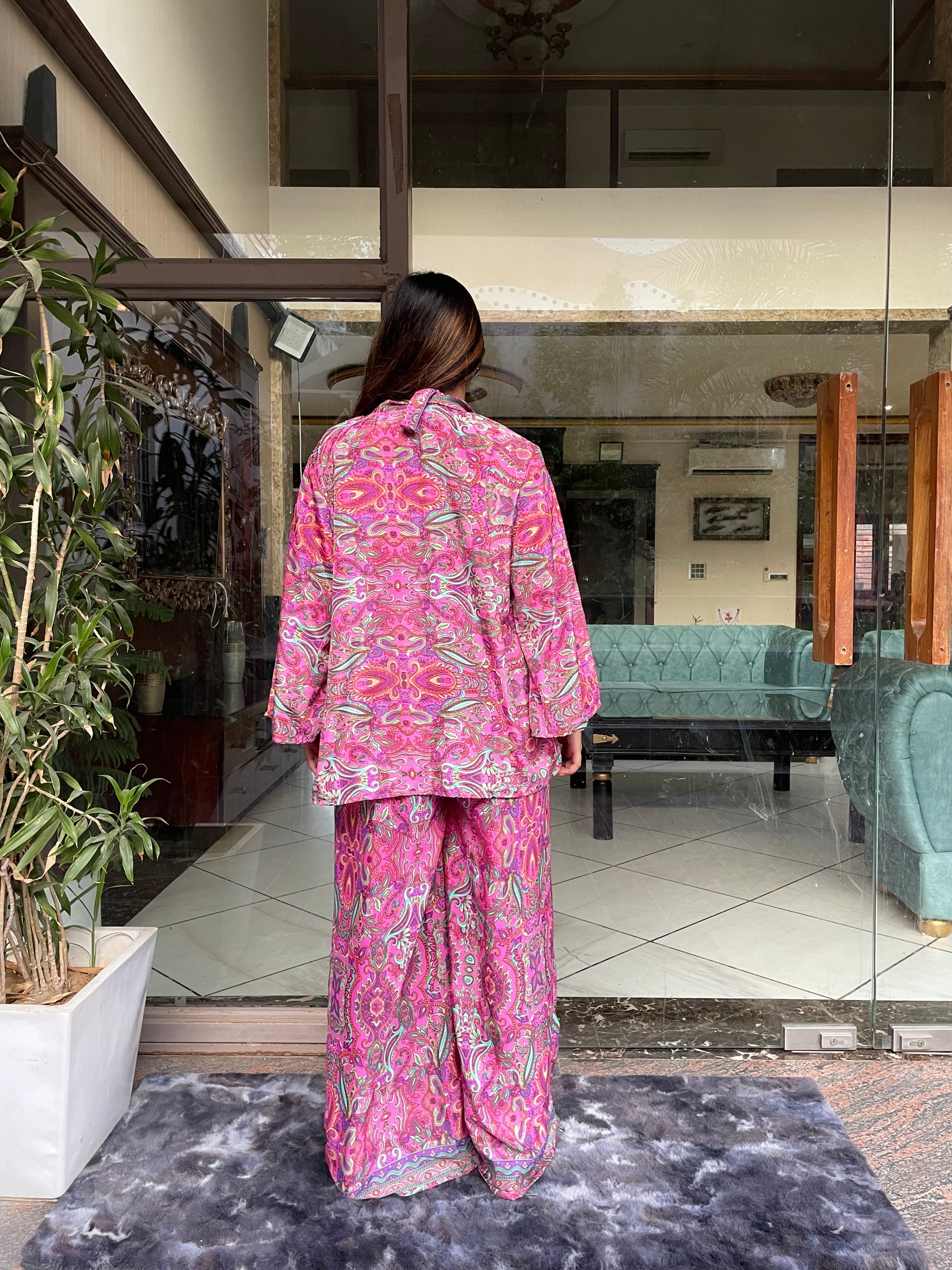 Boho Printed Bell Sleeves Kimono Coordinate Set - Rosy Blush