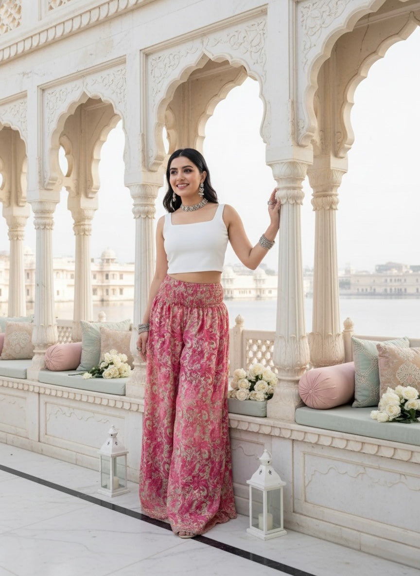 Ruched Belt Boho Printed Trouser - Pink Blush