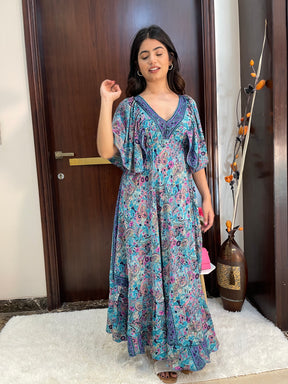 Deep V neck gold (foil) print featured boho maxi dress-Smisingbee