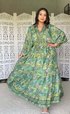 SmisingBee Curve Kaftan Pattern Boho Printed Maxi Dress - Enchanted Forest