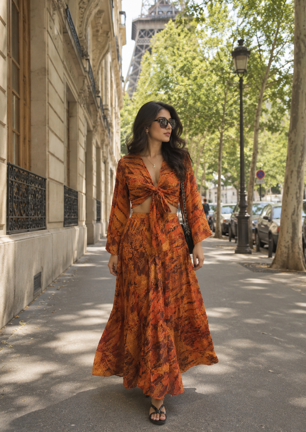 Wrap Top Boho Printed Co-ord Set in Burnt Sienna