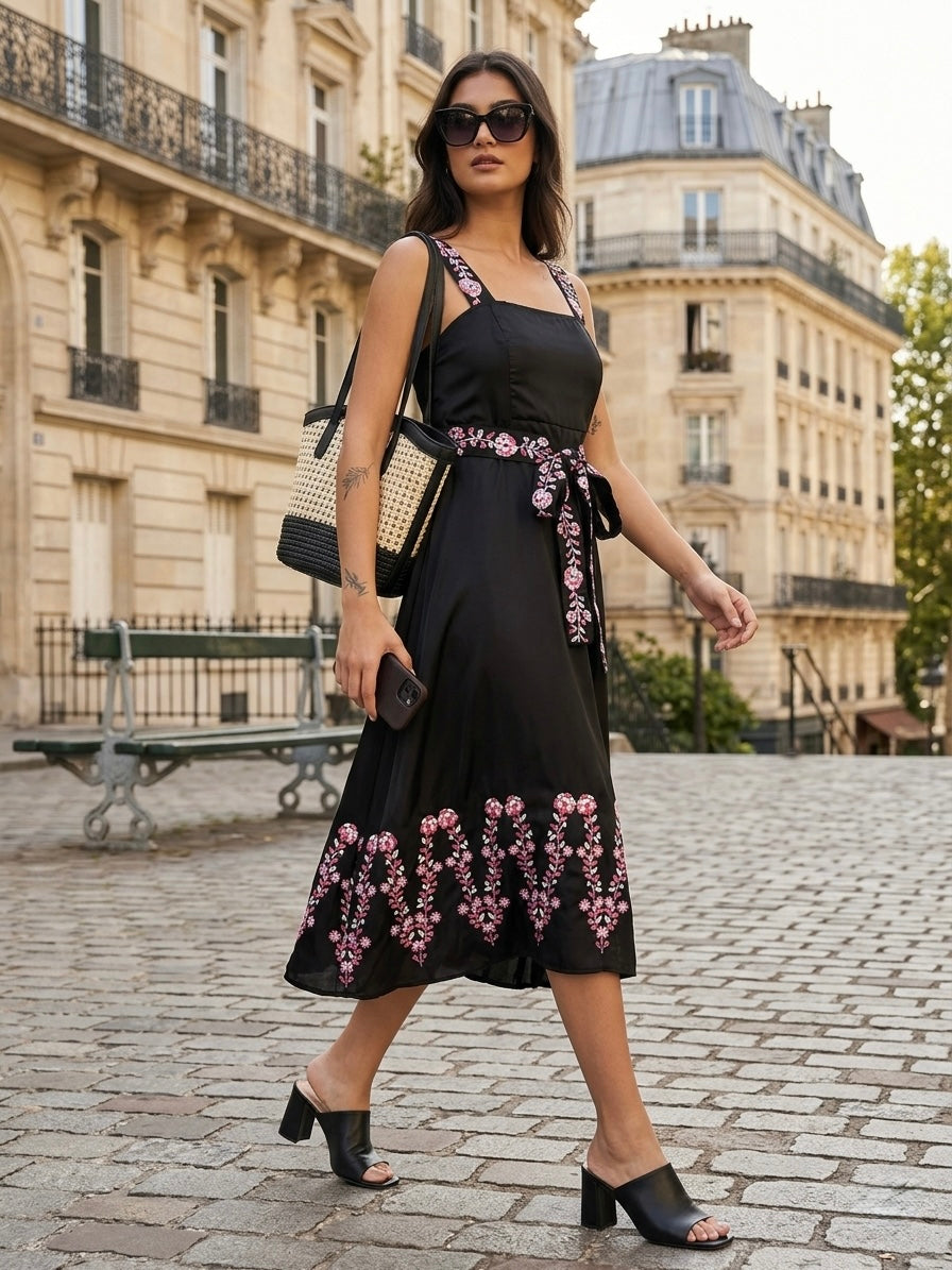 ⬆️Rising- Midnight Rose Embroidered Midi Dress