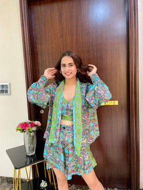 Puff Sleeves Kimono and Shorts Coordinate Set (3 Piece)- Tropical Teal
