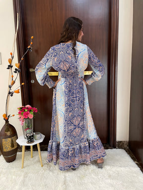 Two shade full sleeves gold(foil)print featured boho maxi dress - Smisingbee