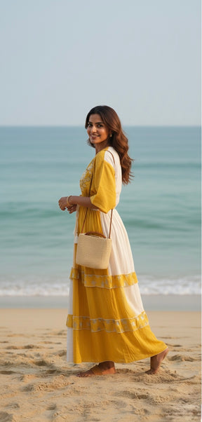 Two Shade Hand Embroidered Kaftan Maxi Dress - Yellow