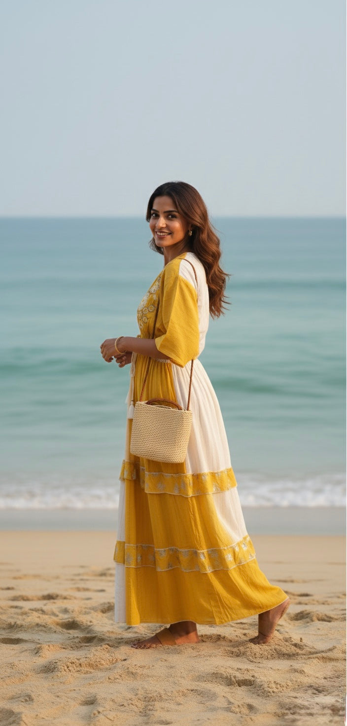Two Shade Hand Embroidered Kaftan Maxi Dress - Yellow