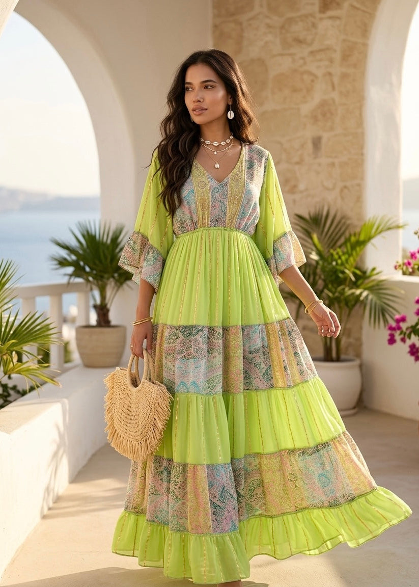 Embroidery Hand Work Bell Sleeves Front Boho Printed Maxi Dress -  Lime Blossom