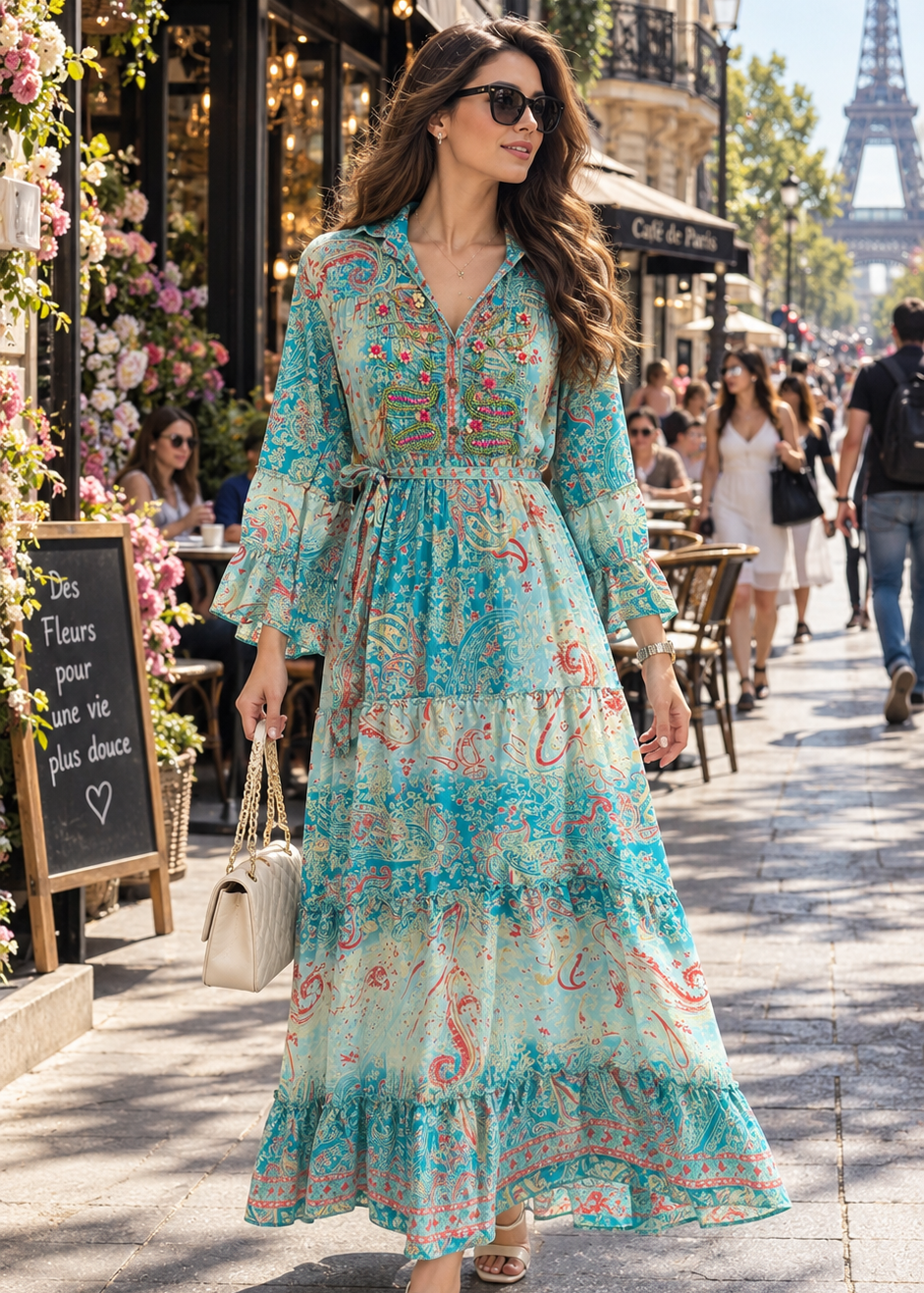 🌊Collor Pattern  Boho Printed Maxi Dress 👗 Aqua Étoile
