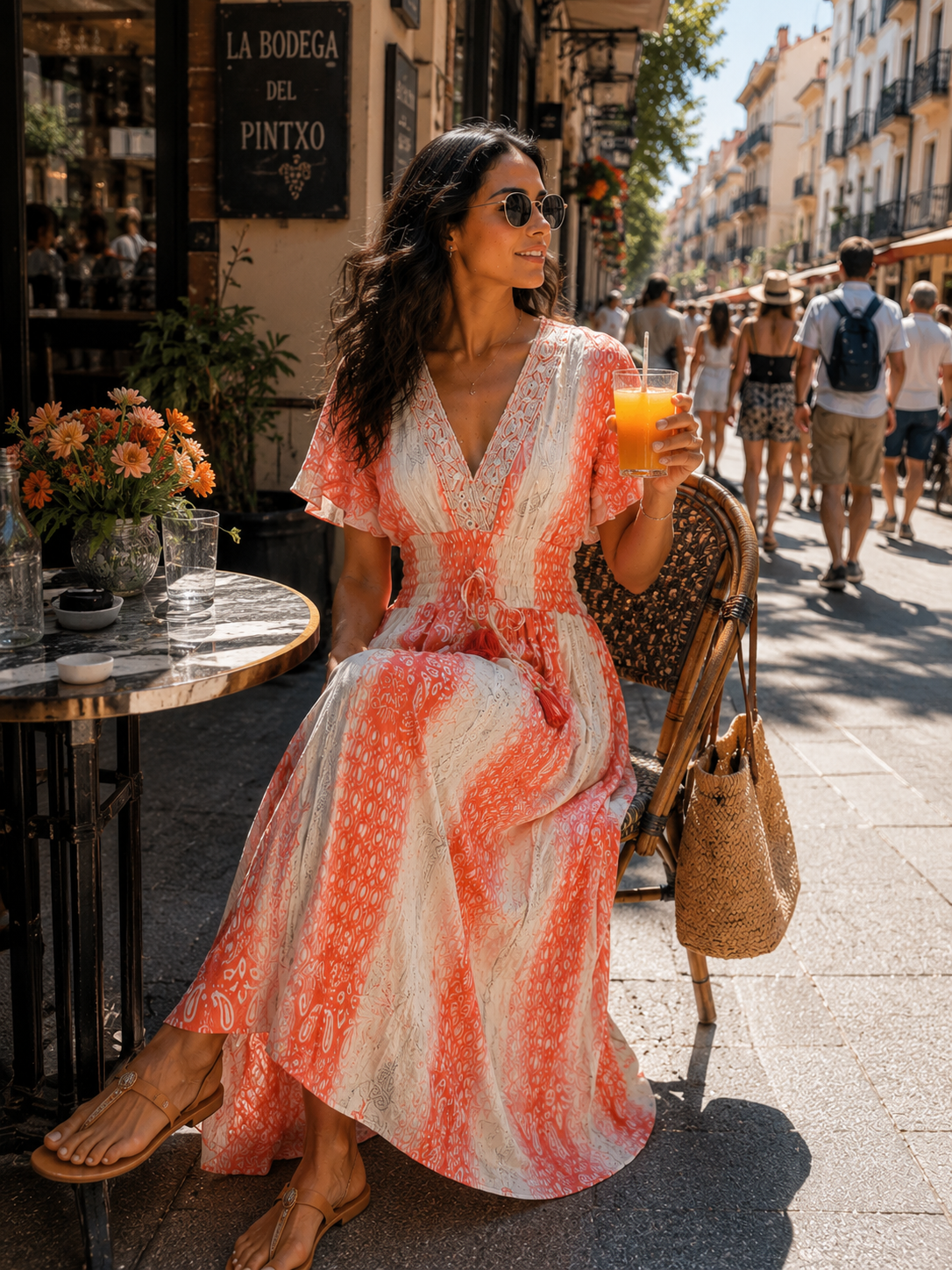 Embroidery Featured Rayon Lurex Boho Printed Maxi Dress in Orange Sunset Sangria