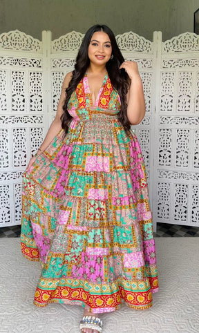 Halter Neck Multi Panel Boho printed Maxi Dress - Rainbow Rhythm